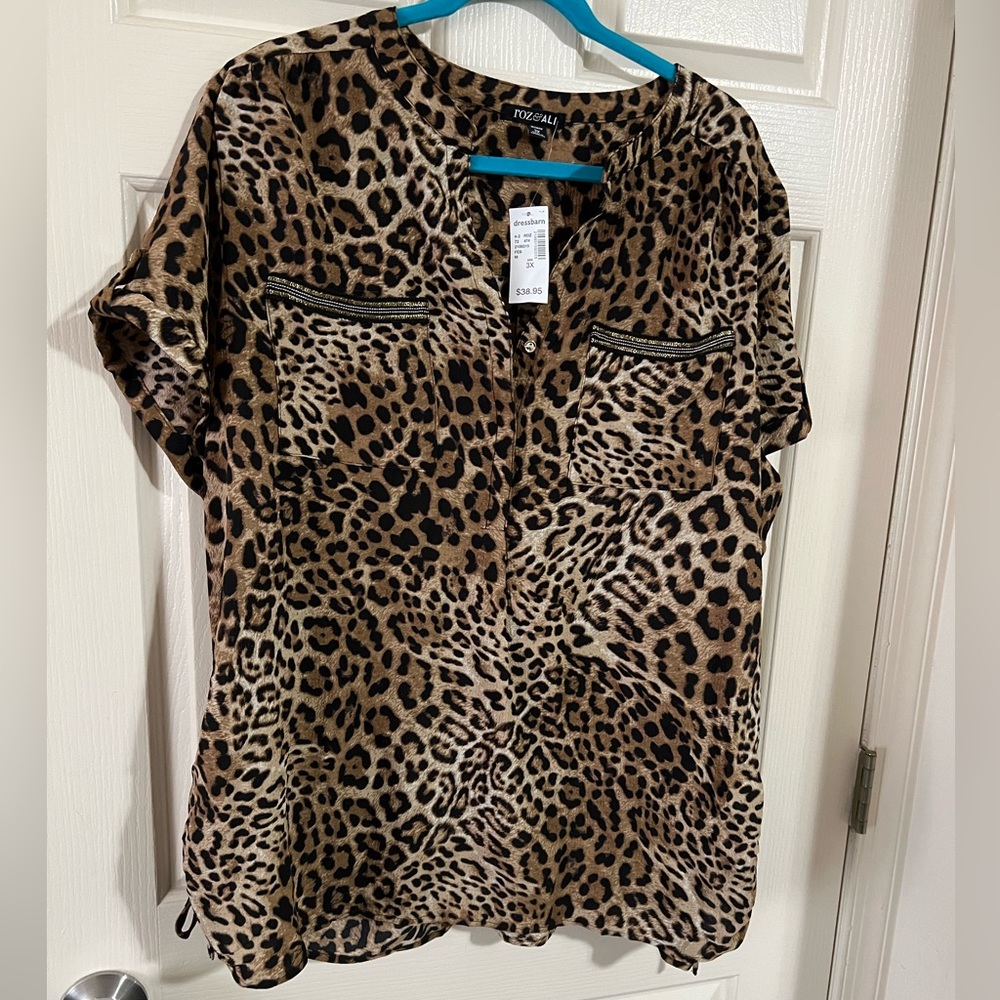 NWT Cheetah Print Blouse with Beaded Pockets
